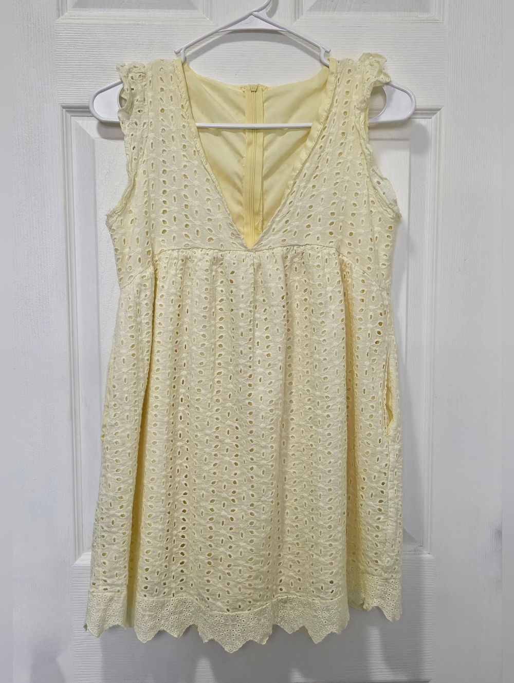 Yellow Eyelet V-Neck Sleeveless Dress With Shorts Under Skirt. Skortdress.